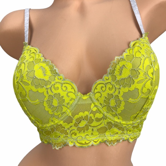 Josie Neon‎ Green 32D Contrast Lace Plunge Bralette Balconette Bra Unpadded - Picture 2 of 12